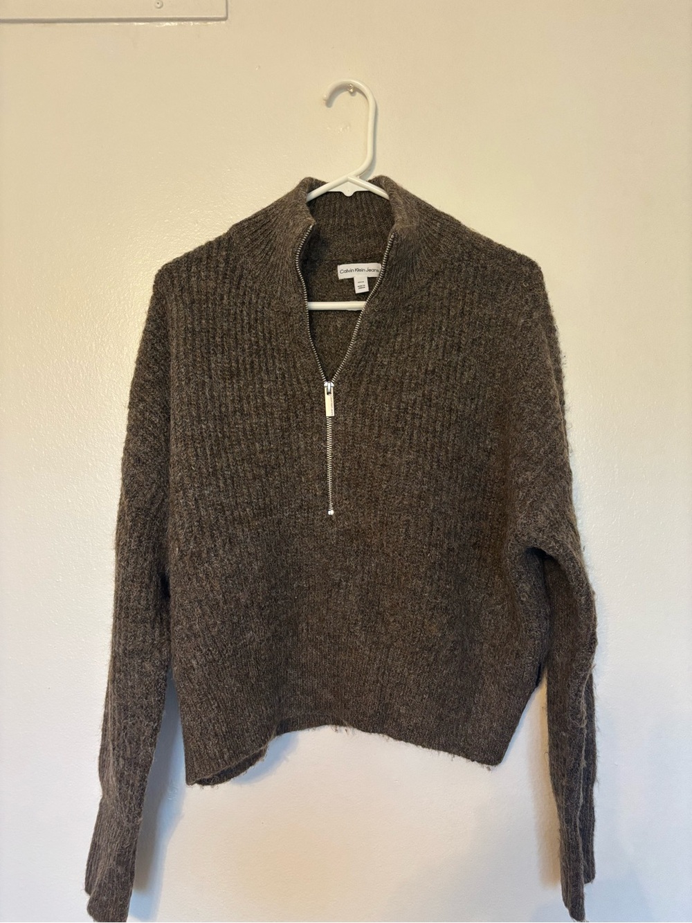 Calvin Klein Chocolate Brown Zip-Neck Knit Pullover Size Small